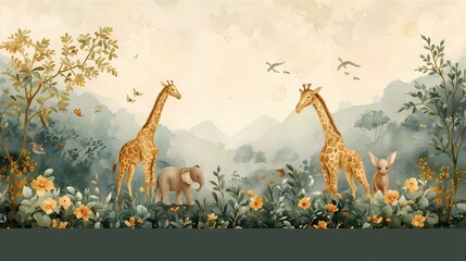 Serene Wildlife Scene with Giraffes, Elephant, and Fawn