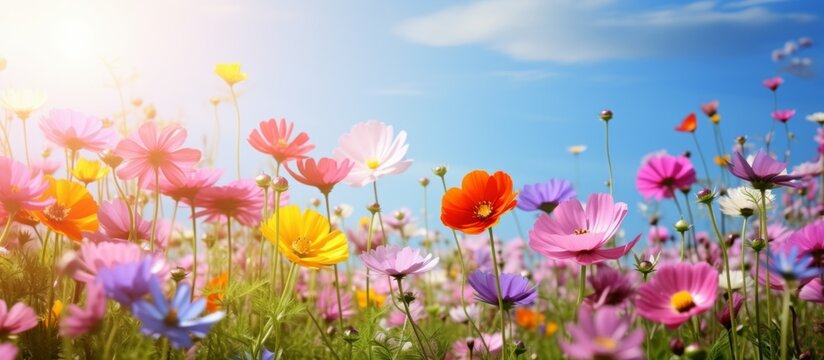 A picturesque landscape of vibrant flowers under the sunny sky, with petals swaying in the gentle breeze. A happy scene in a colorful ecoregion