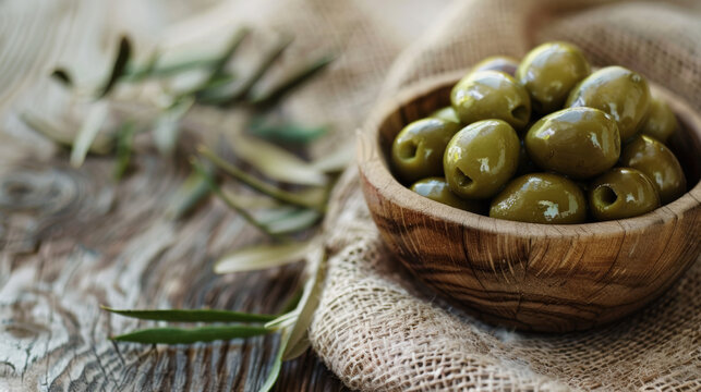 Olives in a wooden bowl on woven hemp tablecloth. Concept for for gourmet food markets and Olive Day