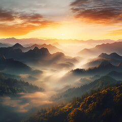 Sunrise over a mountain range with mist in the valley - obrazy, fototapety, plakaty