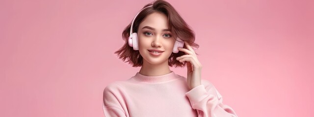 Obraz na płótnie Canvas Cute girl wearing headphones on a pink background.