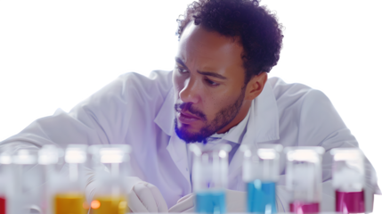 A cautious chemist looking at different chemicals isolated on transparent background, PNG, Ai
