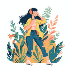 a girl in the park enjoys listening a music