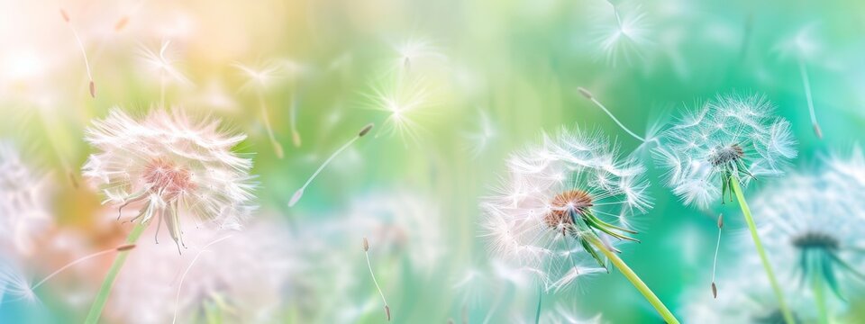 Dandelion seeds fly in the wind close up macro with soft focus on emerald and turquoise background. Summer spring airy light dreamy background.