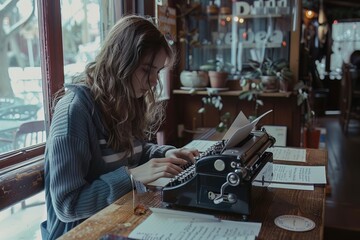 A blogger typing passionately in a quaint cafe, surrounded by notes and a vintage typewriter, capturing the essence of storytelling - obrazy, fototapety, plakaty