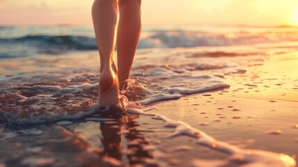 Barefoot walk on the shoreline at sunset. Wellness, travel experiences and summer vacation concept. - obrazy, fototapety, plakaty