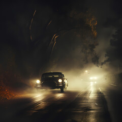 Fototapeta na wymiar Vintage car headlights illuminating a foggy road ahead