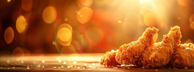 Delicious crispy fried breaded chicken breast strips on restaurant table. with copy space image. Place for adding text or design
