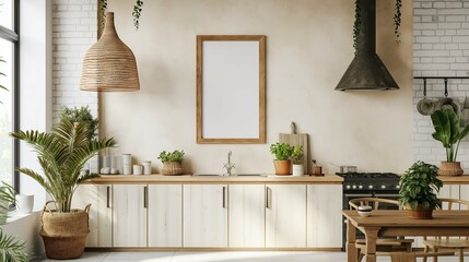 Frame mockup design, home kitchen interior in wood rattan style, 3D rendering
