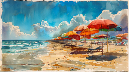 A beach painting in watercolor with lots of parasols - obrazy, fototapety, plakaty