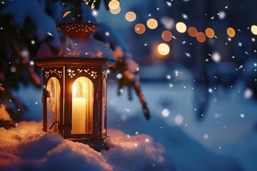 A closeup of a candle lit inside a festive Christmas lantern, casting a warm glow on the snow