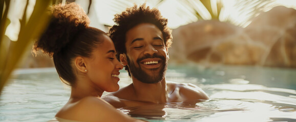 Lifestyle portrait of attractive black couple on honeymoon vacation relaxing in luxury hot tub pool at resort spa