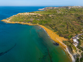 Drone view of Ramla bay - famous Maltese beach. Gozo island, Maltese island