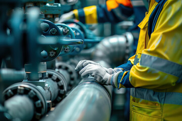 A closeup of a petrochemical engineer inspecting pipeline infrastructure, emphasizing the importance of safety and maintenance - obrazy, fototapety, plakaty