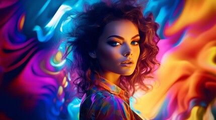Obraz na płótnie Canvas A beautiful woman with curly hair, fresh makeup poses on a colorful neon background. Facial cosmetics, Skin care products, Beauty, Makeup artist, Beauty Studio concepts.