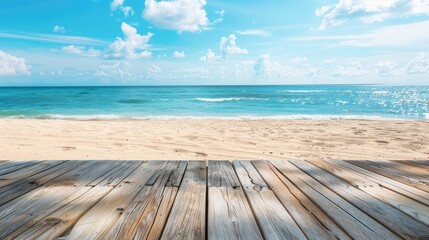 Empty wooden table with white sand calm sea bay blue sky, Beautiful summer nature vacation island in the background with copy space, blank for text ads, and graphic design
