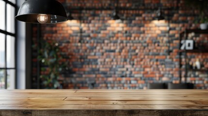 Empty wooden tabletop loft-style interior with a brick wall, black ceiling lamp, background, shop...