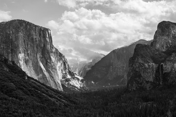 black and white photograph of an image of Yosemite, yosemite national
