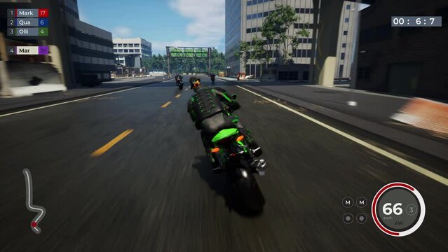 Playing the newest competitive digital motorbike racing computer video game. Losing a challenge in the modern motorbike racing game. Failing to complete a mission in a motorbike racing game.