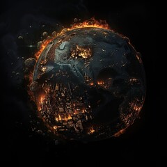 A detailed globe with fiery streaks highlighting major cities in flames, showcasing a world in crisis, on a stark black background