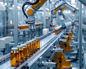 A detailed view of a pharmaceutical production line with robotic arms filling bottles, showcasing automation in medical manufacturing - obrazy, fototapety, plakaty