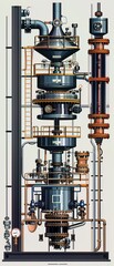 A detailed view of a distillation column, illustrating the separation of crude oil into various components