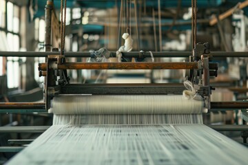 A detailed view of a highspeed automated loom in a textile factory, showcasing the evolution of fabric production - obrazy, fototapety, plakaty