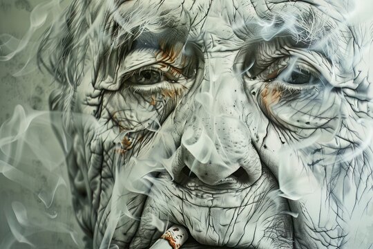 A detailed sketch of a wrinkled face, portraying early aging due to smoking