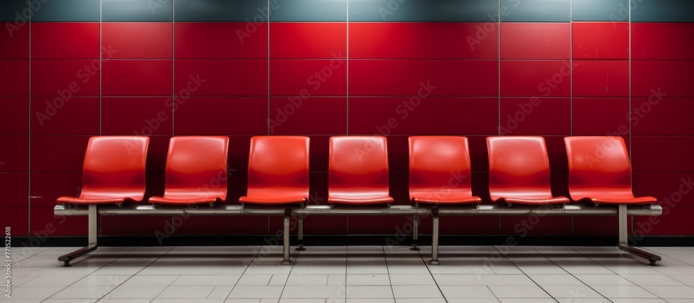 Aufkleber a row of magenta chairs placed in front of a red composite material wall in a waiting room of a buil