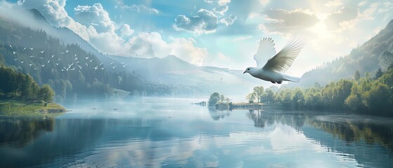 A dove flying over a peaceful landscape, illustrating the harmony and freedom that comes with success