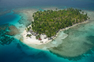 Aerial view of thatched houses and palm tree forest in island. San Blas archipelago, Caribbean, Panama, Central America.