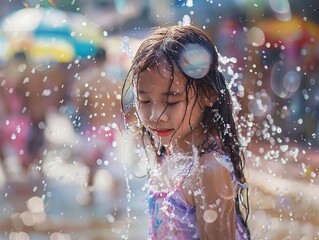 A girl in a vibrant Songkran outfit, portrait as she shyly avoids the water splashes, capturing her innocence - obrazy, fototapety, plakaty