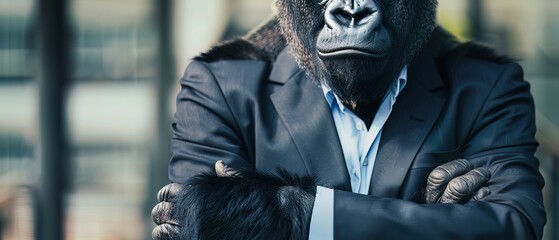 A gorilla in a leadership seminar, wearing a power suit, symbolizing strength and authoritative presence