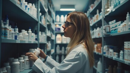 Female pharmacist at the drugstore. Healthcare pharmacists work at the hospital. Doctor specialists organize prescription medications - obrazy, fototapety, plakaty