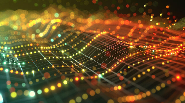 A dynamic 3D scatter plot with glowing points representing data trends over time, placed against a grid background