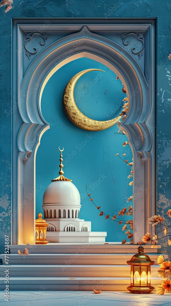 Wall mural ornate mosque with crescent moon and stars on blue. ramadan and islamic architecture concept