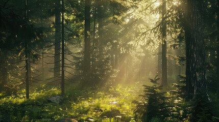 Forest in the morning with bright sun shining through the trees.