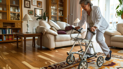 A woman is pushing a walker in a living room, assisting her mobility. The room is well lit, and furniture can be seen around her