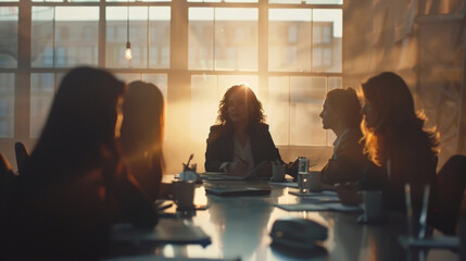 A silhouette of colleagues sits around a table in a meeting room with the setting sun casting a warm glow through the window - obrazy, fototapety, plakaty
