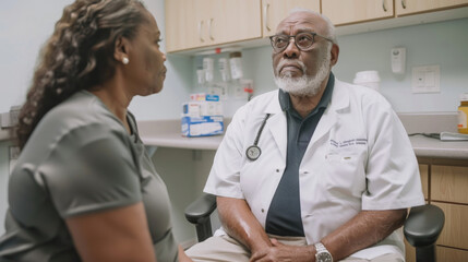 Obraz premium A distinguished older doctor with a stethoscope around his neck attentively listens to a female patient in a clinic
