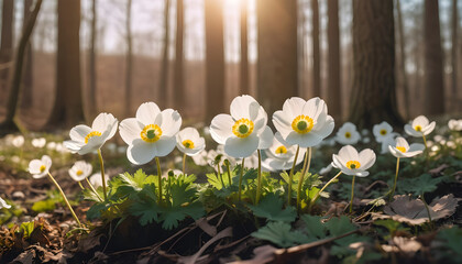 Spring forest landscape with flowering primroses in sunlight in nature 3 - obrazy, fototapety, plakaty