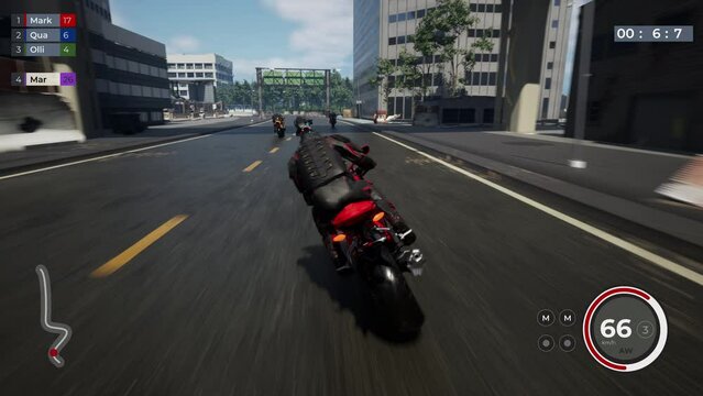 Controlling a high-speed motorcycle in the mockup fake computer video game. Failing to overtake opponents on a speedy bike in the fake digital game. Losing a speed challenge in the fake game.