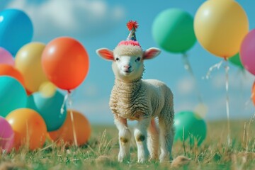 Happy Aries birthday scene: a cute lamb in a festive cap surrounded by balloons, radiating jubilation and warmth