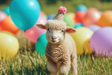 Joyous Aries birthday moment: a charming lamb with a festive cap amid cheerful balloons, spreading cheer and delight