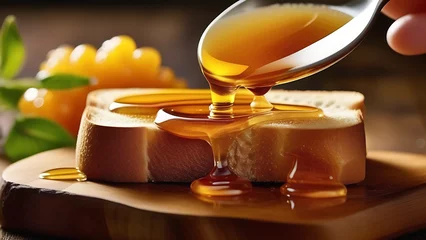 Poster honey dripping onto crispy toast © Лариса Крохмаль