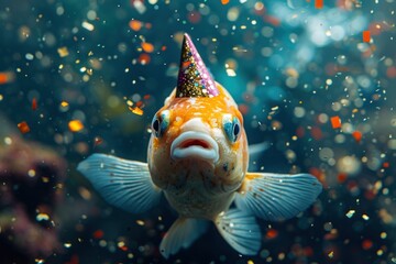 Birthday joy for Pisces: fish wearing a festive cap swims in confetti - obrazy, fototapety, plakaty