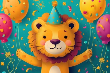 Cute Leo zodiac sign lion cub gleefully plays among colorful balloons