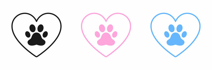 Set of animal paw icons with hearts, illustration. © Andrii