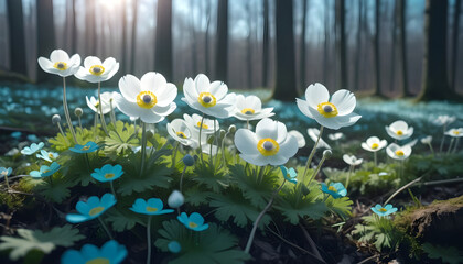 Spring forest landscape with flowering primroses in sunlight in nature 4 - obrazy, fototapety, plakaty