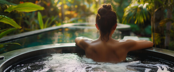 Lifestyle portrait of young woman relaxing in luxury spa pool at tropical resort	 - obrazy, fototapety, plakaty